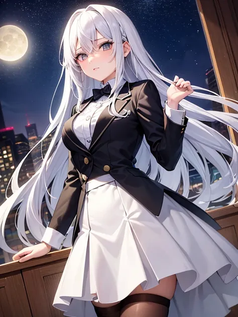 Teenage girl with white hair and white eyes wearing cloth suit for elegant party, mirando desafiante hacia la luna atra vez de una ventana 