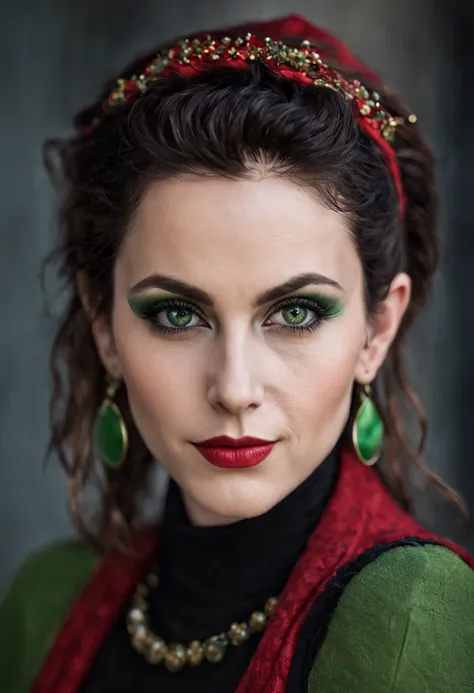 professional portrait photography, cute elf 40 years old in modern clothes, lush disheveled hairstyle in the avant-garde style on her head, expressive green eyes with narrow vertical pupils, long black eyelashes, thin curved eyebrows, long elf ears, modern...