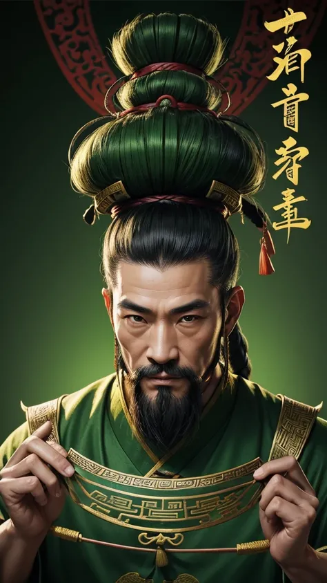 oriental、ancient chinese man wearing green clothes、ancient chinese hairstyle man、ancient chinese topknot、three kingdom、multiple warlords、highest quality、masterpiece、ultra high resolution、(Photoreal:1.4)、game poster、inside the house、Upper body、highest quali...