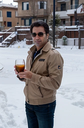 un sex-symbol italiano muy elegante que seduce mujeres, He is 45 years old and a businessman vacationing in the snow drinking a daikiri