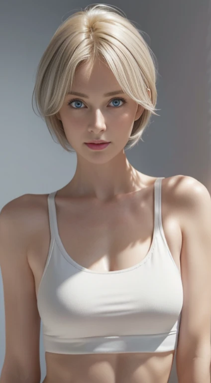 skin tight white sports bra, looking at the viewer, cinematic lighting, perfection, soft light, high resolution skins:1.2, realistic skin texture, 30 years old mature woman、small face、No makeup, Bust B Cup、Small valley, blue eyes, short hair, bright yellow...