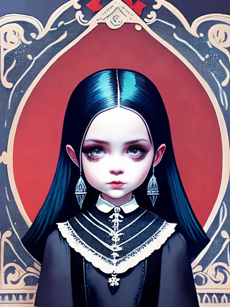 Aufkleber Designe, Wednesday Addams, Gothic Style, dunkelschwarze Wimpern ,leuchtend rote Augen, digital Illustration, Comic-Stil, Gotische Renaissance, perfekte Anatomie, zentriert, Der Perfektion nahe, Dynamisch, Sehr detailliert, framed by bones and sku...