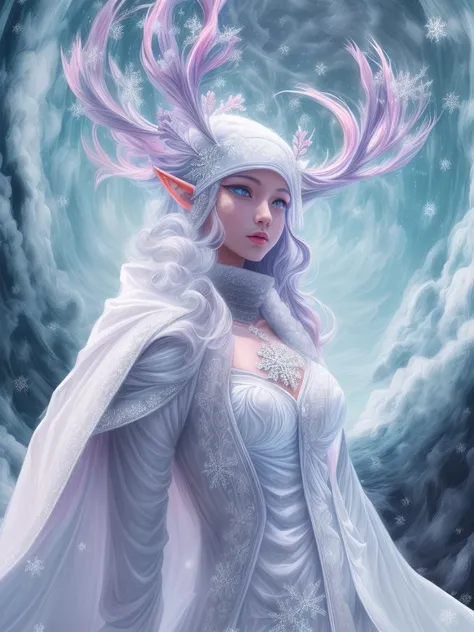 （Female elf stands in front of white snow whirlpool: 1.5），((Her facial features are very beautiful，Pointy ears and charming eyes，Complements flowing hair。The costume she wears combines traditional elf clothing with futuristic technological mechanical eleme...