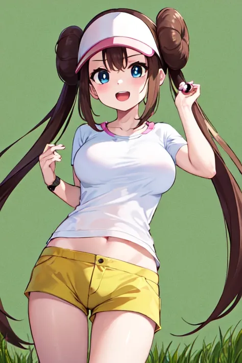 Masseter muscle part, highest quality, Super high resolution, highest quality, anime style, best lighting, beautiful face, masterpiece, high resolution, RO1, bun hair, blue eyes, twin tails, visor cap,underwear, Yellow shorts, shirt, pink ribbon, watch,  A...