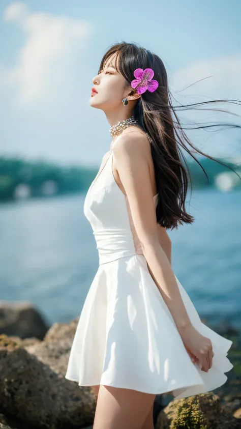 1girl,solo,long hair,breasts,brown hair,black hair,hair ornament,thighhighs,dress,brown eyes,jewelry,closed mouth,flower,earrings,outdoors,sky,sleeveless,hair flower,water,necklace,white dress,blurry,