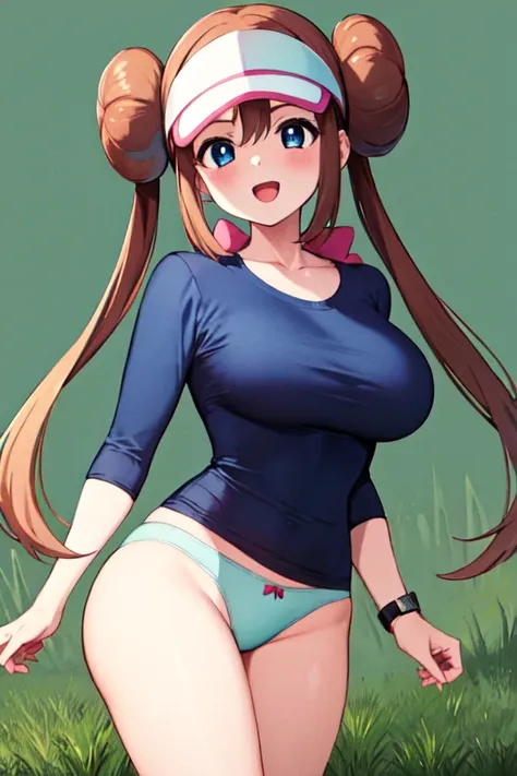 Masseter muscle part, highest quality, Super high resolution, highest quality, anime style, best lighting, beautiful face, masterpiece, high resolution, RO1, bun hair, blue eyes, twin tails, visor cap,underwear, shirt, pink ribbon, watch,  Are standing, co...