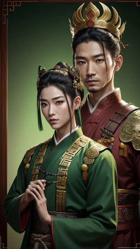 oriental、ancient chinese man wearing green clothes、ancient chinese hairstyle man、ancient chinese leather crown、three kingdom、multiple warlords、highest quality、masterpiece、ultra high resolution、(Photoreal:1.4)、game poster、inside the house、Upper body、highest...