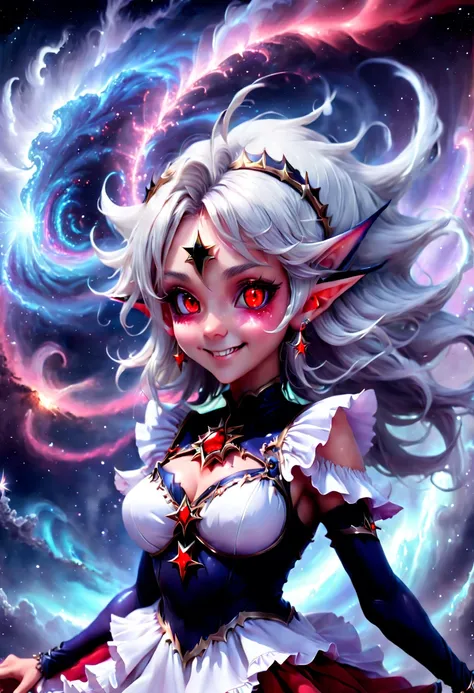 a Beautiful Elf, galaxy nebula background, beautiful detailed red eyes, dynamic angle, dark magician girl, (starry tornado), starry Nebula, frills, beautiful detailed sky, beautiful detailed eyes, evil smile, expressionless, hairs between eyes, white  hair...