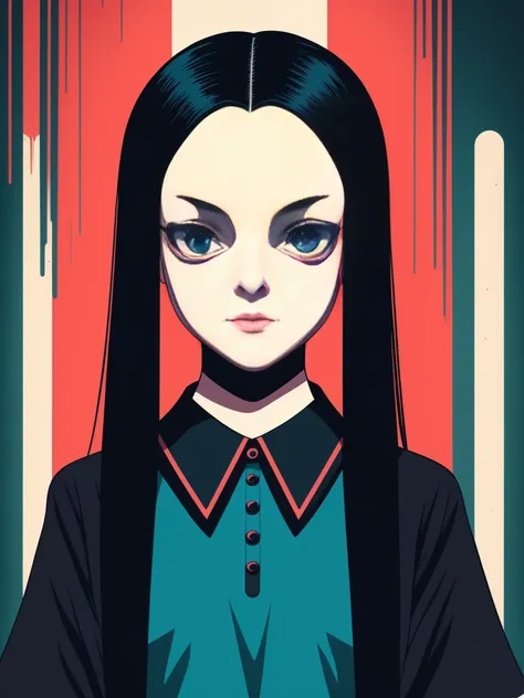 Wednesday Addams, 2D-T-Shirt-Kunst, Cyberpunk, epische Illustration, Vektor, 2D-Illustration, Schwarzer Hintergrund, sehr farbvoll, Moderne Farben mit vollem Farbverlauf, konzentriert, Vorderansicht