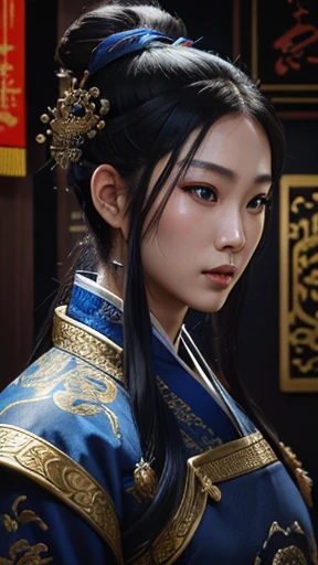 oriental、ancient chinese in blue clothes、ancient chinese hairstyle man、three kingdom、multiple warlords、highest quality、masterpiece、ultra high resolution、(Photoreal:1.4)、game poster、inside the house、Upper body、highest quality、masterpiece、ultra high resoluti...