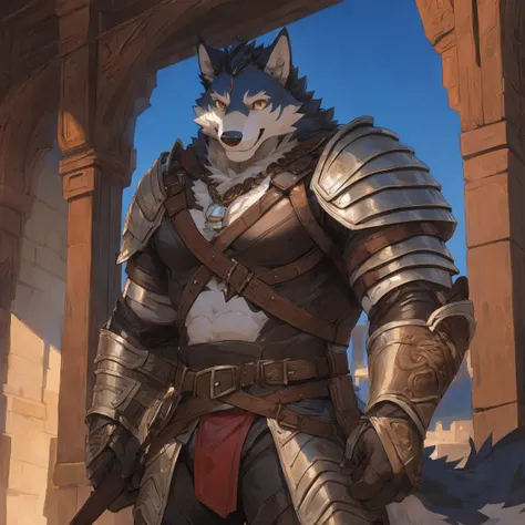 Teenager,wolf，fur,mercenary,Leather armor,smile,tall,male, anthro, furry,by null-ghot