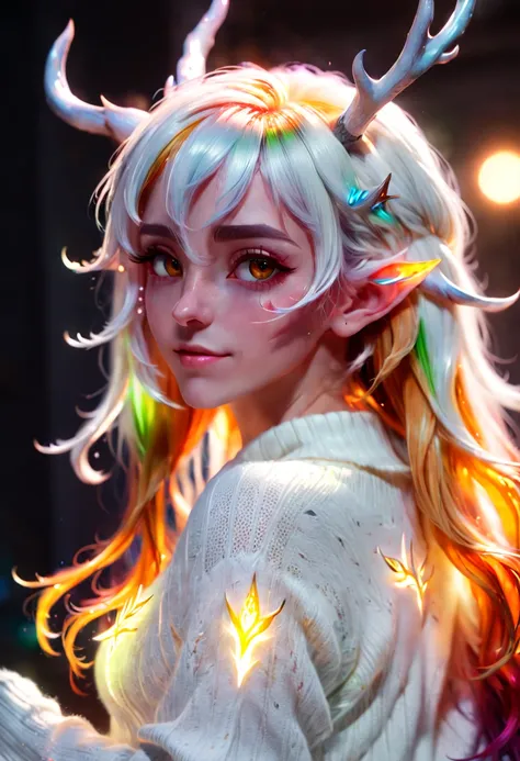 a Beautiful Elf, Fluorescent antlers, close up, pov, multicolored hair, gradient hair, very long hair, messy hair, bangs, white sweater,very aesthetic, absurdres, backlight, amber, genshin impact, octane render, (best quality, masterpiece, Representative w...