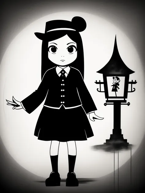 Jenna Ortega als Wednesday Addams, 2D-T-Shirt-Kunst, Gothicpunk, epische Illustration, Vektor, 2D-Illustration, Schwarzer Hintergrund, morbide, sexy, sumi-e ferroink drawing, konzentriert, Vorderansicht, von Tim Burton und Marc Silvestri, inspiriert von Wa...