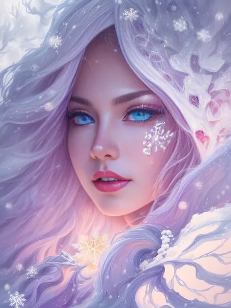 (portrait:1.5), (cowboy shot:1.5),（Female elf stands in front of white snow whirlpool: 1.5），((Her facial features are very beautiful，Pointy ears and charming eyes，Complements flowing hair。The costume she wears combines traditional elf clothing with futuris...