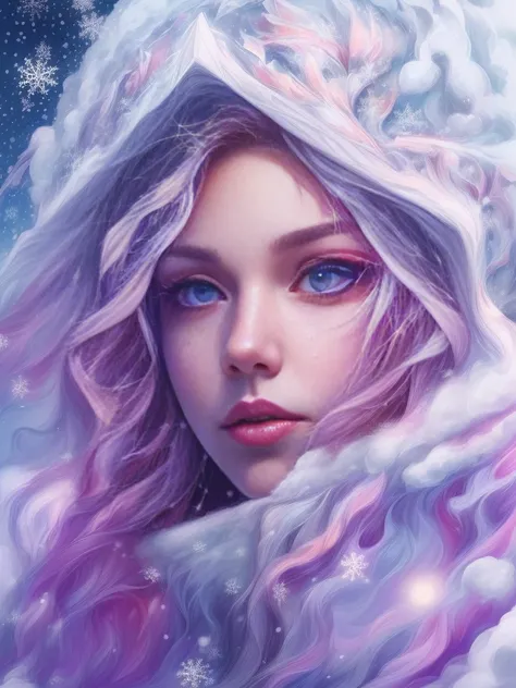 (portrait:1.5), (cowboy shot:1.5),（Female elf stands in front of white snow whirlpool: 1.5），((Her facial features are very beautiful，Pointy ears and charming eyes，Complements flowing hair。The costume she wears combines traditional elf clothing with futuris...