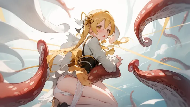 mami tomoe, 1 girl, tentacles, surprised, open mouth, white panty