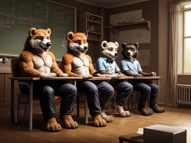 A group of young school furry (fox, huskey, bear etc.) boys with long pants, barefoot and entranced, sit in a classroom under the watchful gaze of their evil teacher. Their minds have been twisted and manipulated, as they sit, drooling and mesmerized, thei...