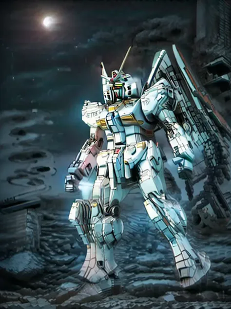 new launch century gundam x、gundam standing in the wilderness、big moon、lake surface、standing in water、floating、satellite cannon、...