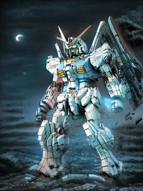 new launch century gundam x、gundam standing in the wilderness、big moon、lake surface、standing in water、floating、satellite cannon、...