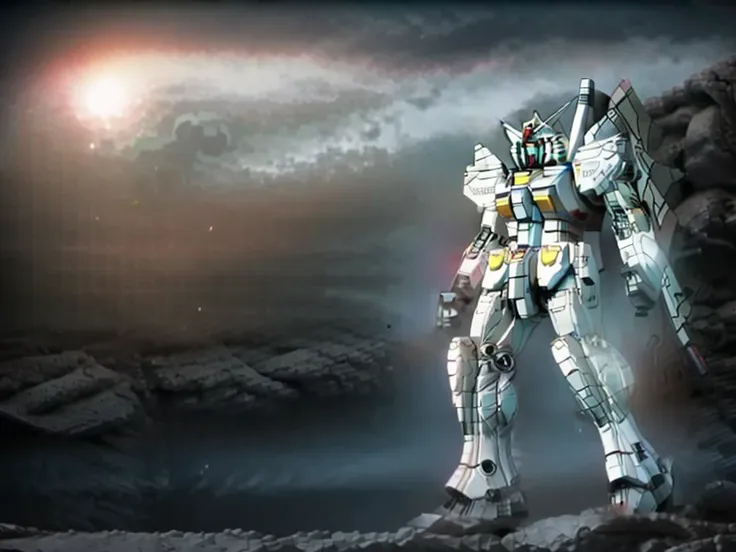 new launch century gundam x、gundam standing in the wilderness、big moon、lake surface、standing in water、floating、satellite cannon、...