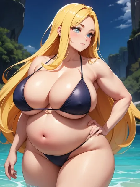 Boa Marigold, strong bbw, water inflation, exaggerated belly proportions, pregnant belly, muscles, bloated belly, big thighs, one navel, tiny bikini, bend back