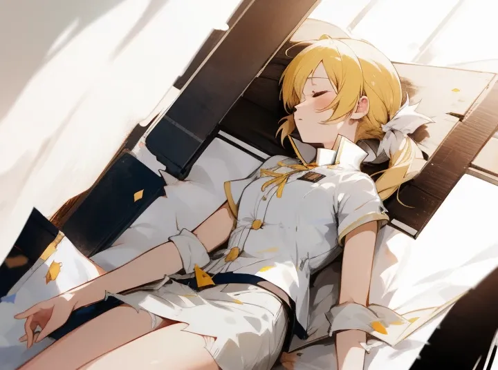 anime girl laying down on the ground, mami tomoe, 1 girl, closed eyes, torn clothes,  white panty