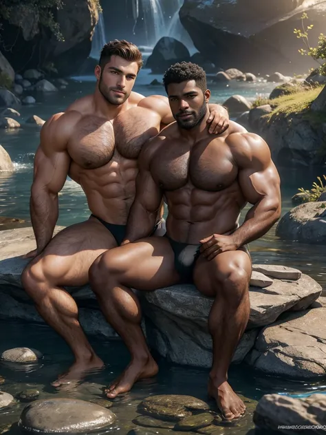 8k，8k resolution，2 muscular Europeans, handsome man，Charming eyes，dark skin,beautiful, smooth and shiny，Full muscles，Thick body hair，naked， (thong)，big bag，emphasize，Two men sitting on stones among flowerest quality，professional lighting，Professional photo...