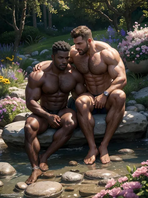 8k，8k resolution，2 muscular Europeans, handsome man，Charming eyes，dark skin,beautiful, smooth and shiny，Full muscles，Thick body hair，naked， (thong)，big bag，emphasize，Two men sitting on stones among flowers，ink flowerest quality，professional lighting，Profes...