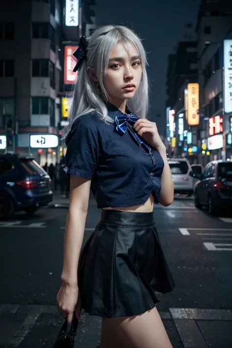 (8k, original photo, masterpiece:1.3), (actual, photo-actual:1.37), (night), (looking at the audience:1.331), (white hair), pose, Tokyo streets, nightcityscape, Cyberpunk City, soft light, 1 girl, extremely beautiful face, broken to pieces, hands down, Ran...