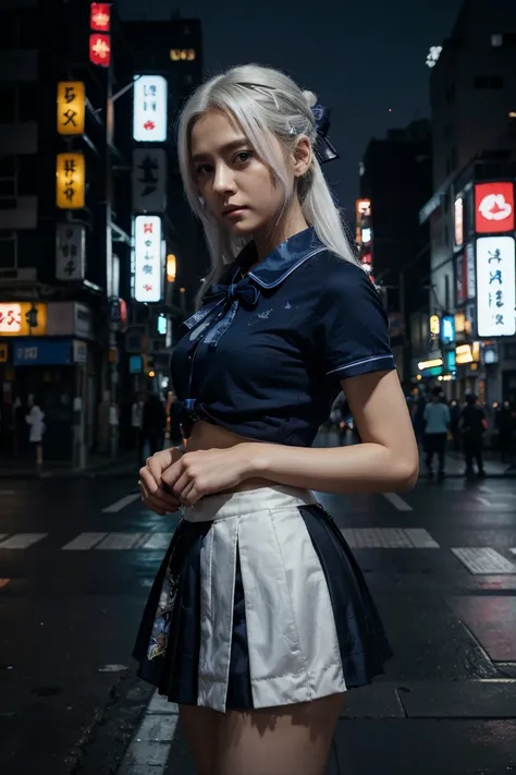 (8k, original photo, masterpiece:1.3), (actual, photo-actual:1.37), (night), (looking at the audience:1.331), (white hair), pose, Tokyo streets, nightcityscape, Cyberpunk City, soft light, 1 girl, extremely beautiful face, broken to pieces, hands down, Ran...