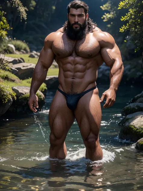 8k，8k resolution，2 muscular Europeans, handsome man，Charming eyes，dark skin,beautiful, smooth and shiny，Full muscles，Thick body hair，naked， (thong)，big bag，emphasize，Two men standing in the water，ink flowerest quality，professional lighting，Professional pho...