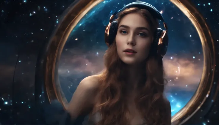 best quality, highres, 1girl, elf, witch hat, floating in space, energy sphere, light particles, shiny hair, shining stars, fantasy, it must be tou tube Chanel ratio and this photo have a girl and this girl have a headphone 