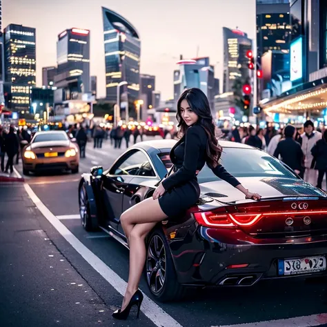 Cars and beautiful women sexy posing night view cityscape