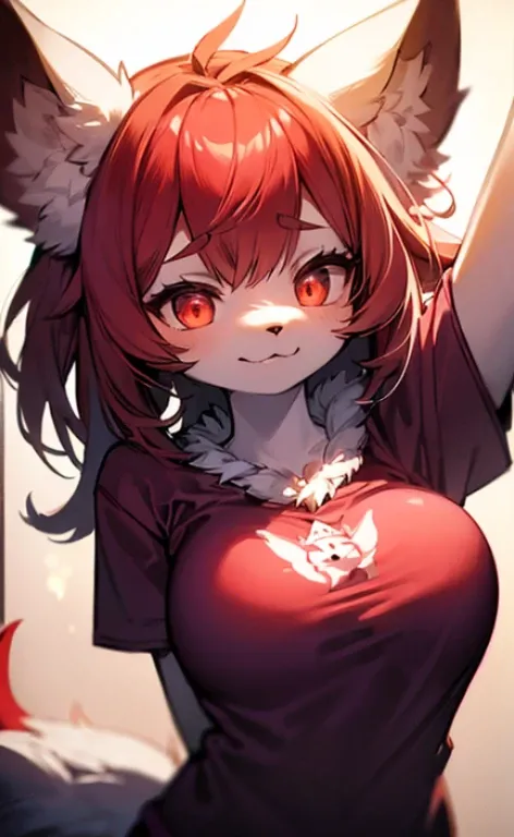 hairy pubic， White fur， hyper cute face， Red element on fur，Medium breast， Glowing T-shirt， Beautiful lights and shadows， ambient lights， Ultra-detailed fur， volumettic light