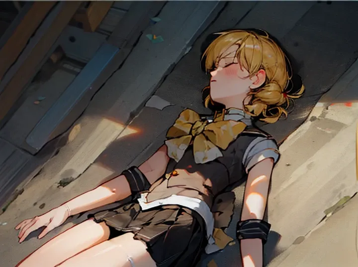 anime girl laying down on the ground, mami tomoe, 1 girl, closed eyes, torn clothes, skirt BREAK white panty