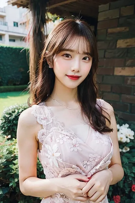 1 girl、blush、smile shyly、Optics、White lace dress with open chest、Floral、rosa、hairpin、necklace、Outdoor scenery、Depth of bounds written、Pointed red mouth、Shiny reddish brown long hair、black eye、clavicle、beautiful fingers、hourglass body、full body portrait、