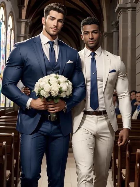 8k，8K resolution，2 Muscular Europeans, handsome man，charming eyes，dark skin,beautiful, smooth and shiny，Full muscles，Thick body hair， (wearing a stylish suit)，big bag，emphasize，2 men holding roses in church and smiling happily，There are many flowers in the...