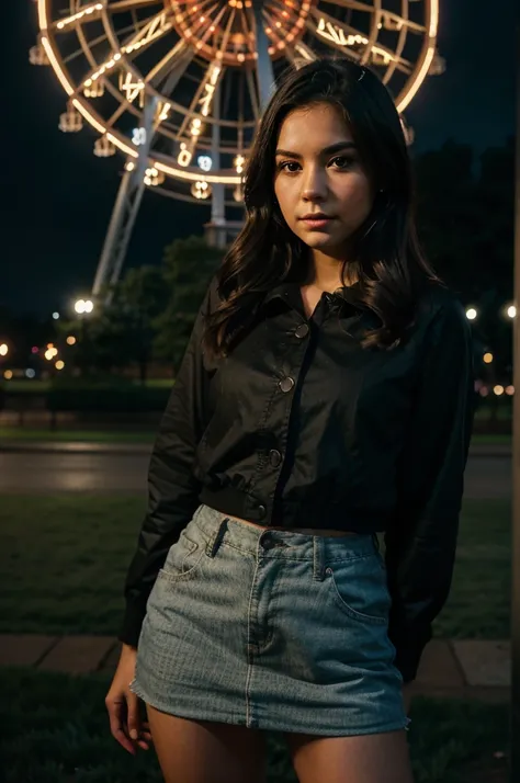 woman standing in front of a (ferris wheel at night), in a city park, with a park in the background, 50mm portrait, atmospheric portrait, young woman, mid shot portrait, wideangle portrait, masterpiece, cinematic lighting, super detail, depth of field