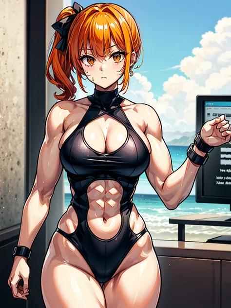 （（（masterpiece、Highest image quality、highest quality、highly detailed unity 8ｋwallpaper）））、（（Illustration of one girl））、（（（beautiful girl）））、（（orange hair、side ponytail、sidelocks：1.4、orange eyes））、（（（stocky build：1.5, thickset physique：1.6, muscular legs, b...