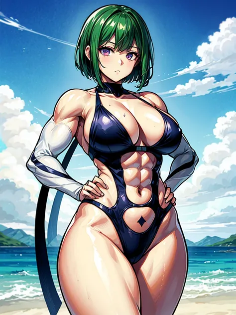 （（（masterpiece、Highest image quality、highest quality、highly detailed unity 8ｋwallpaper）））、（（Illustration of one girl））、（（（beautiful girl）））、（（green hair、very short hair：1.6、sidelocks、purple eyes））、（stocky build, thickset physique, muscular legs：1.5, broad ...