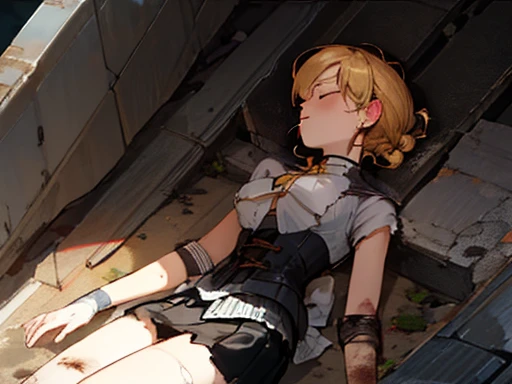 anime girl laying down on the ground, mami tomoe, 1 girl, big breast, closed eyes, corset, torn clothes, torn skirt, white underwear, wreck, scenery, dirty, injury