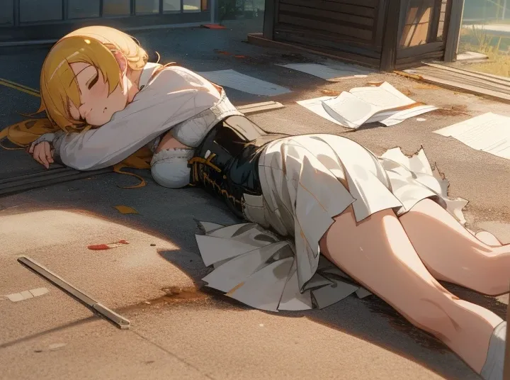 anime girl laying down on the ground, mami tomoe, 1 girl, big breast, closed eyes, corset, torn clothes, torn skirt, white underwear, wreck, scenery, dirty, injury