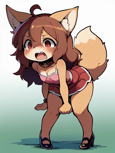 (loli, anthro, fennec fox, small hair, small ahoge, light brown hair, small snout, flat chest, fox tail, little thighs, ((long fur, yellow fur)), round head, round chin, small fangs and big red eyes) wearing (brown collar, pink blouse, red skirt, long skir...