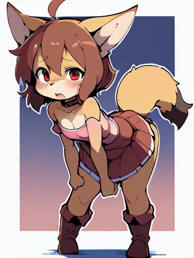 (loli, anthro, fennec fox, small hair, small ahoge, light brown hair, small snout, flat chest, fox tail, little thighs, ((long fur, yellow fur)), round head, round chin, small fangs and big red eyes) wearing (brown collar, pink blouse, red skirt, long skir...