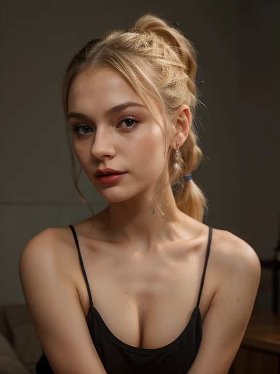 Slavic girl 26 years old, blonde hair, petite, slim, ponytail, dark red lips, photorealistic,