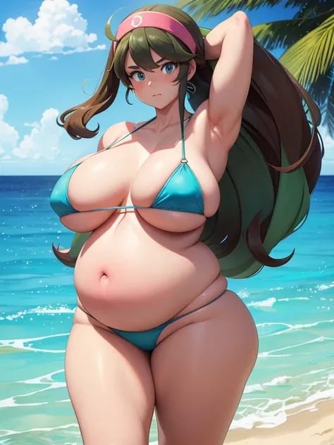 Pokémon, Melony, strong bbw, water inflation, exaggerated belly proportions, pregnant belly, muscles, bloated belly, big thighs, one navel, tiny bikini, bend back, contractions, pain, heavy breathing 