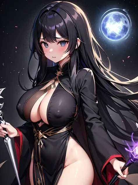 Married woman、big breasts、black long hair、black eye、big breasts、nipple、Sorcerers Wand、Sorcerers robe、jet black dress、jet black veil、spell book、black thin inner、Basic black costume、Gold and silver colors are included in the decoration、stand up、stand