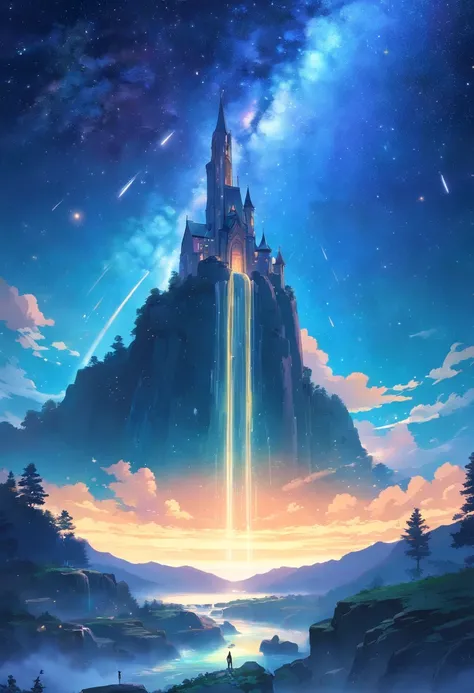 Neoclassicism, drop shadow, masterpiece，（Midnight hour），A tall Gothic castle stands on the mountains，Above the clouds，它以Milky Way为幕布，Mountain as stage。Clouds and shooting stars intertwined，It seems to be an otherworldly scenery。The picture  like a symphony...