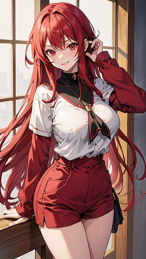 1 anime girl, long red hair,, mock neck long sleeve outfit, cross shoulder, shorts,  red lips, smirking,masterpiece,ultra quality, super detailed, NSFW, big breasts,