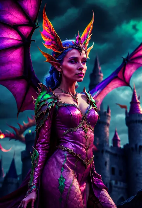 close_up of a Beautiful Elf queen, foreboding castle where a wicked queen reigns, (a colorsplash exotic dragon flying through dark:0.4), Romance, Cinematic lighting, octane render, (best quality, masterpiece, Representative work, official art, Professional...